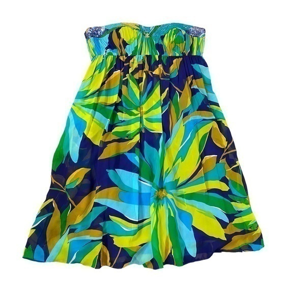 Aidan Mattox Niteline Silk Strapless Retro Floral Blue Green prom Cocktail dress - Picture 1 of 16